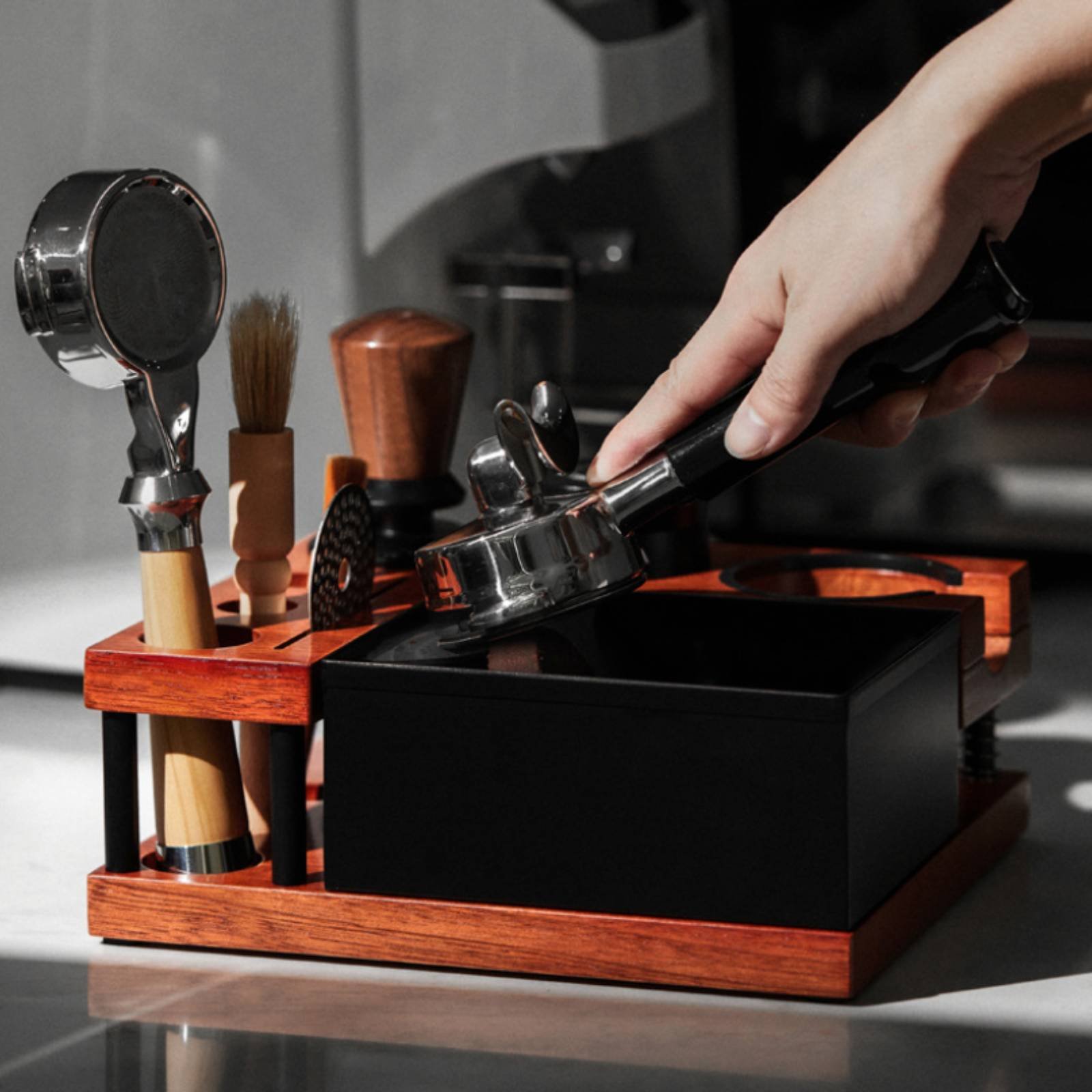 Home Barista - Ahşap Tamper İstasyonu Çok Fonksiyonlu Portafiltre